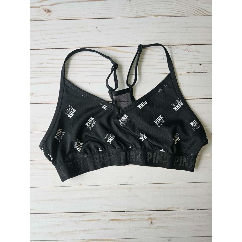 PINK Active Victoria’s Secret Women’s M Black Logo Sports Bra Bralette Y2K
